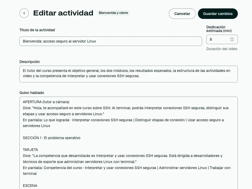Editing an activity with its spoken script